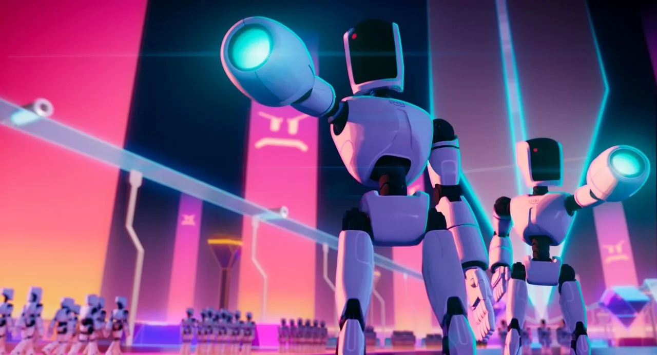 A screenshot from the animated film The Mitchells Vs. The Machines that depicts two humanoid robots brandishing their glowing blaster arms menacingly. A screenshot from the animated film The Mitchells Vs. The Machines that depicts two humanoid robots brandishing their glowing blaster arms menacingly.