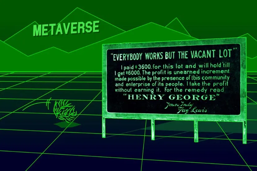 An illustration of a billboard in a mock-metaverse, reading "Everybody works but the vacant lot" An illustration of a billboard in a mock-metaverse, reading "Everybody works but the vacant lot"