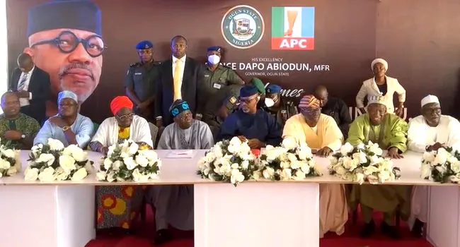 Bola Tinubu, and Governor Dapo Abiodun alongside others at an event in Ogun State on June 3, 2022 ( Courtesy Channels Television)