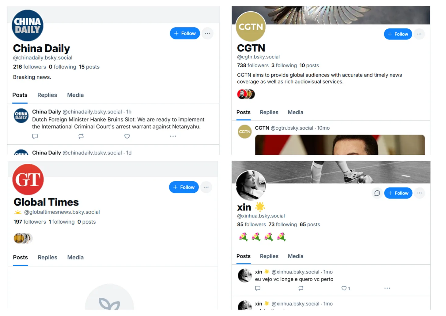 State media accounts are on Bluesky with varying degrees of activity. Xinhua didn't register their handle quick enough.
