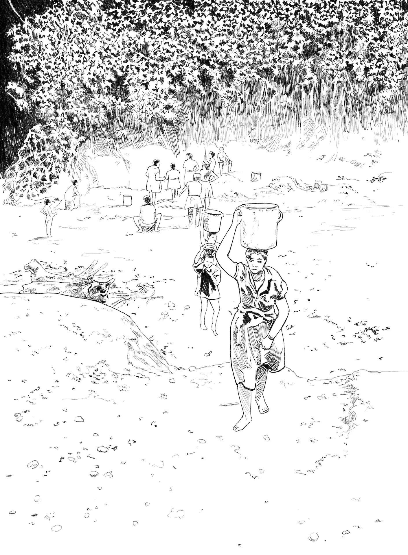 Sketch of women and children carrying water from a community source Sketch of women and children carrying water from a community source