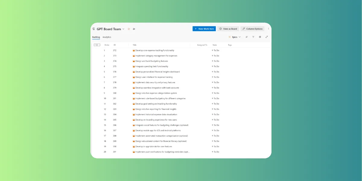Azure DevOps board created from GPT result