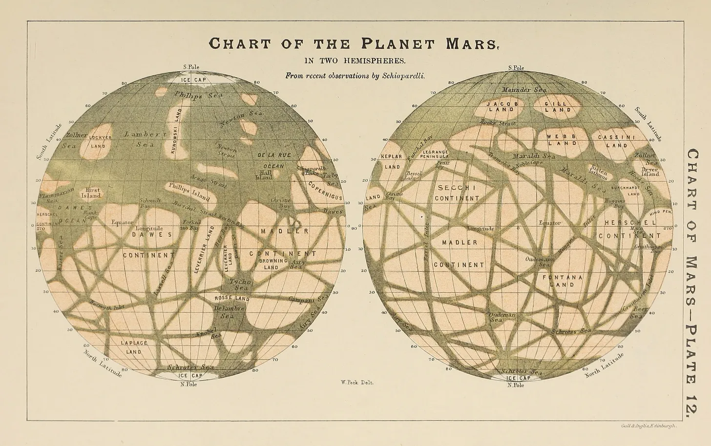 This 1891 map by Italian astronomer Giovani Schiaparelli shows waterways that appeared unnaturally straight, leading to speculation that they were artificial. (Source: A Popular Handbook and Atlas of Astronomy, by William Peck, 1891) This 1891 map by Italian astronomer Giovani Schiaparelli shows waterways that appeared unnaturally straight, leading to speculation that they were artificial. (Source: A Popular Handbook and Atlas of Astronomy, by William Peck, 1891)