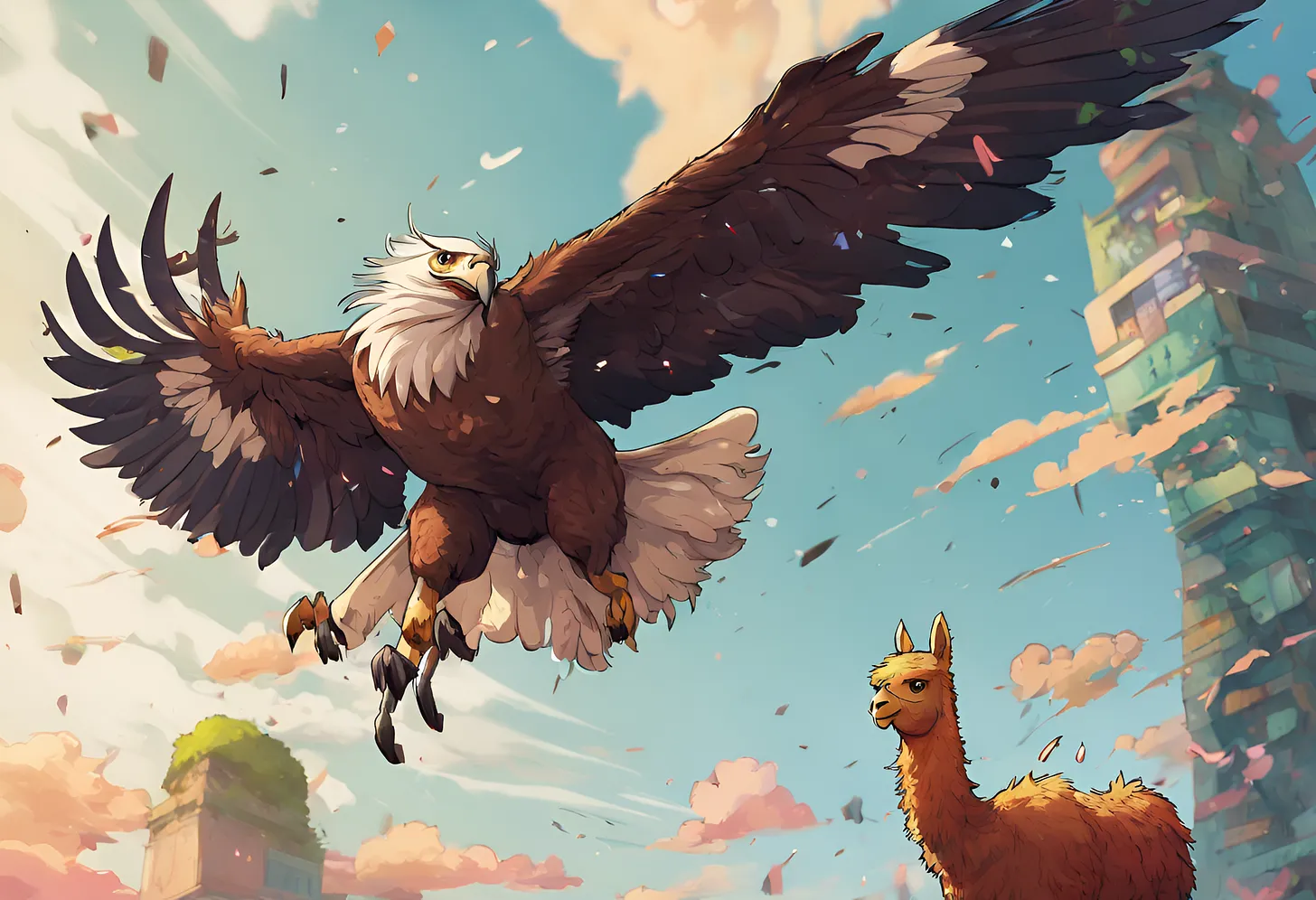 An eagle soaring above a transformer robot