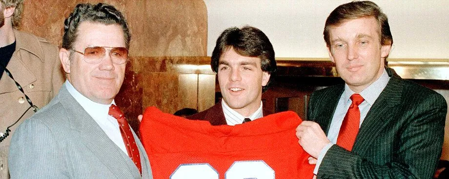 Finding it easier to own generals in Jersey than D.C.: Donald Trump (R) and head coach Walt Michaels (L) flank Doug Flutie, the Generals' top pick in 1985.