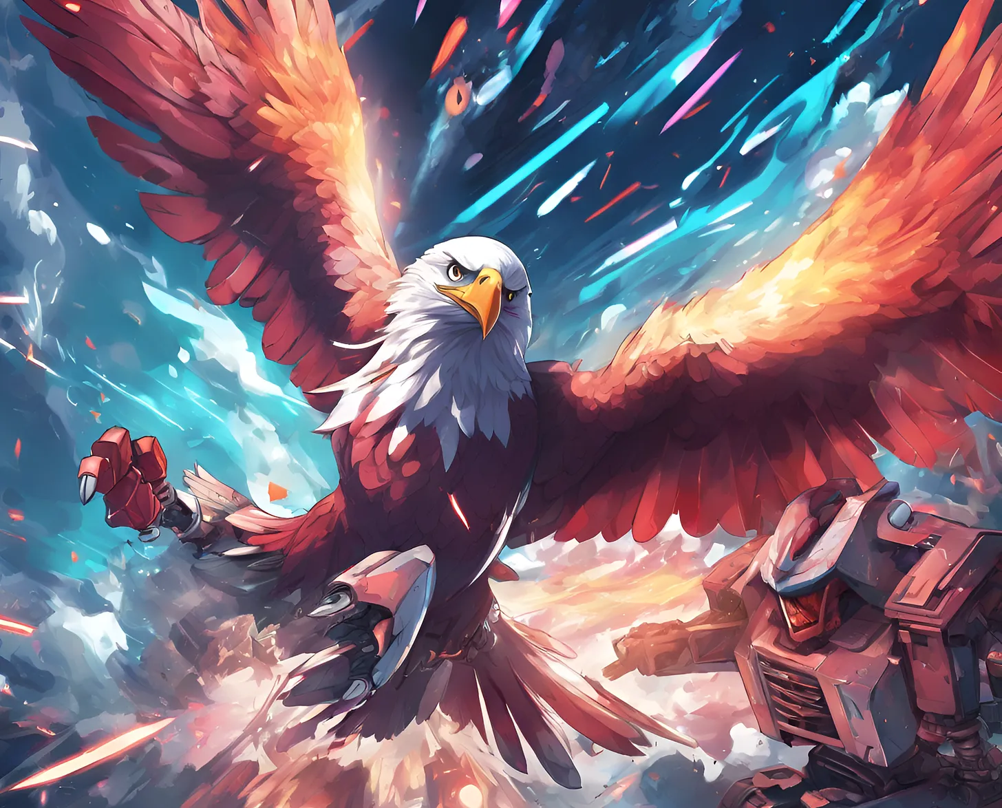 An eagle soaring above a transformer robot