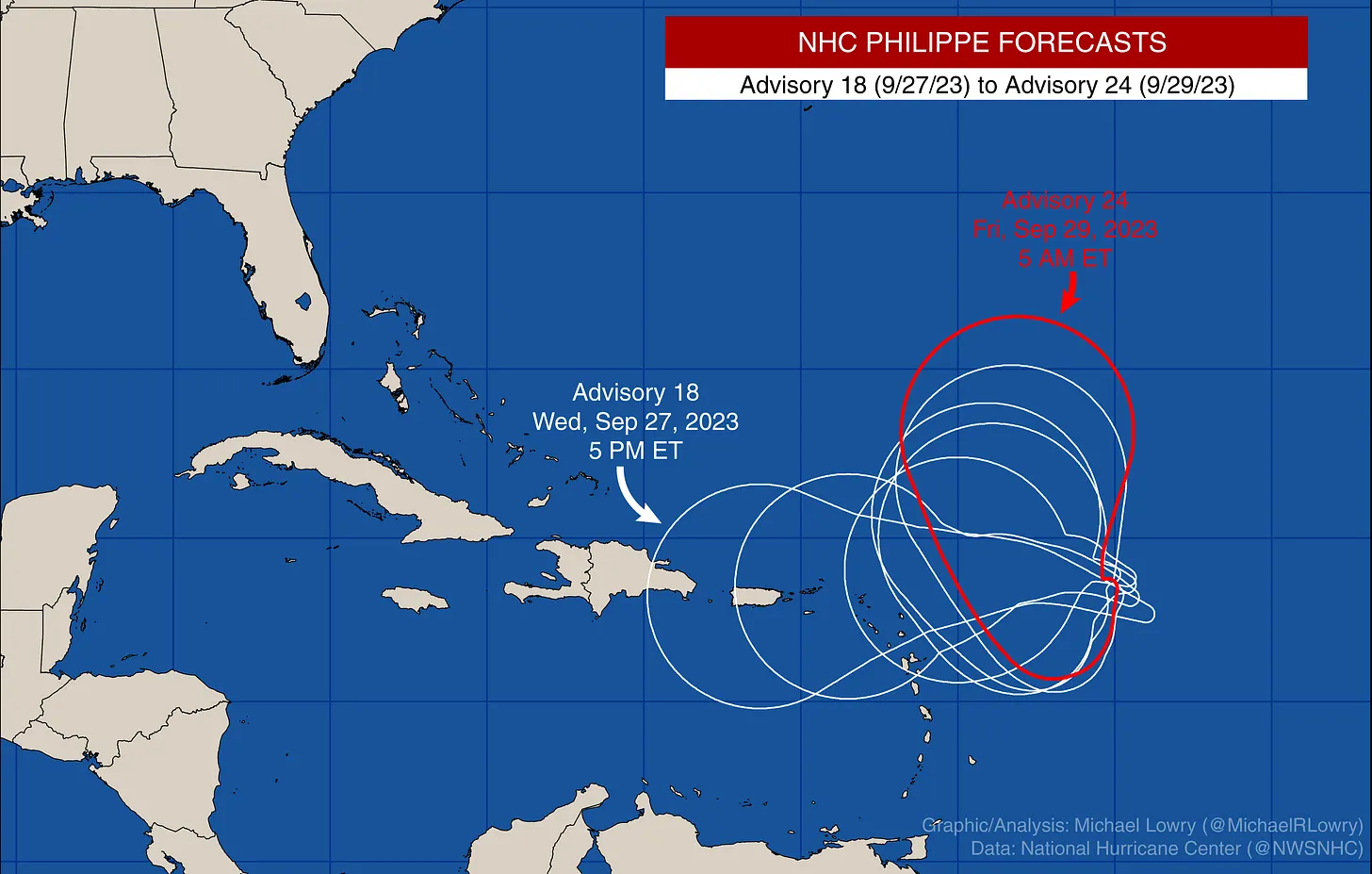 Changes to Tropical Storm Philippe's forecast cone over the last 48 hours (Image credit: Dr. Michael Lowry)
