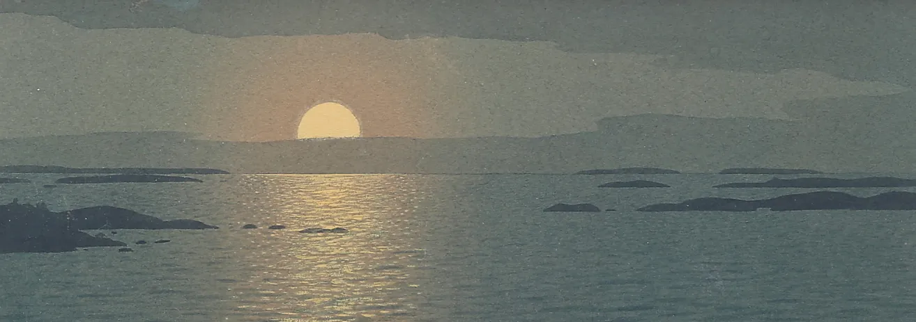 A painting of the sun setting at the horizon over the ocean, as seen from the coast. The painting is done in muted grey-blues, and the sun is a pale and watery yellow.