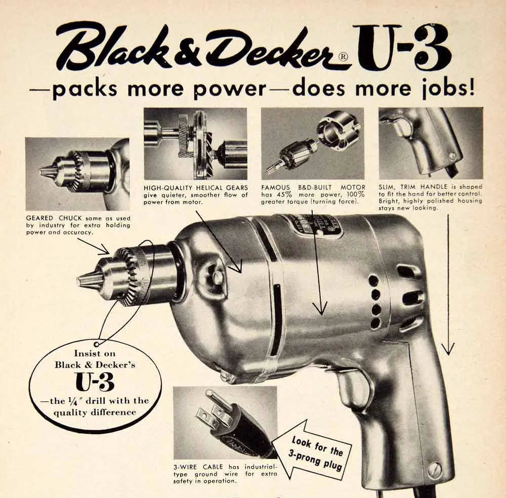 Vintage Black and Decker advertisement for an electric utility drill