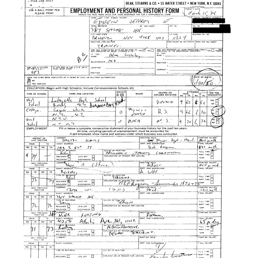 Epstein's fabricated resume from Bear Stearns personnel files