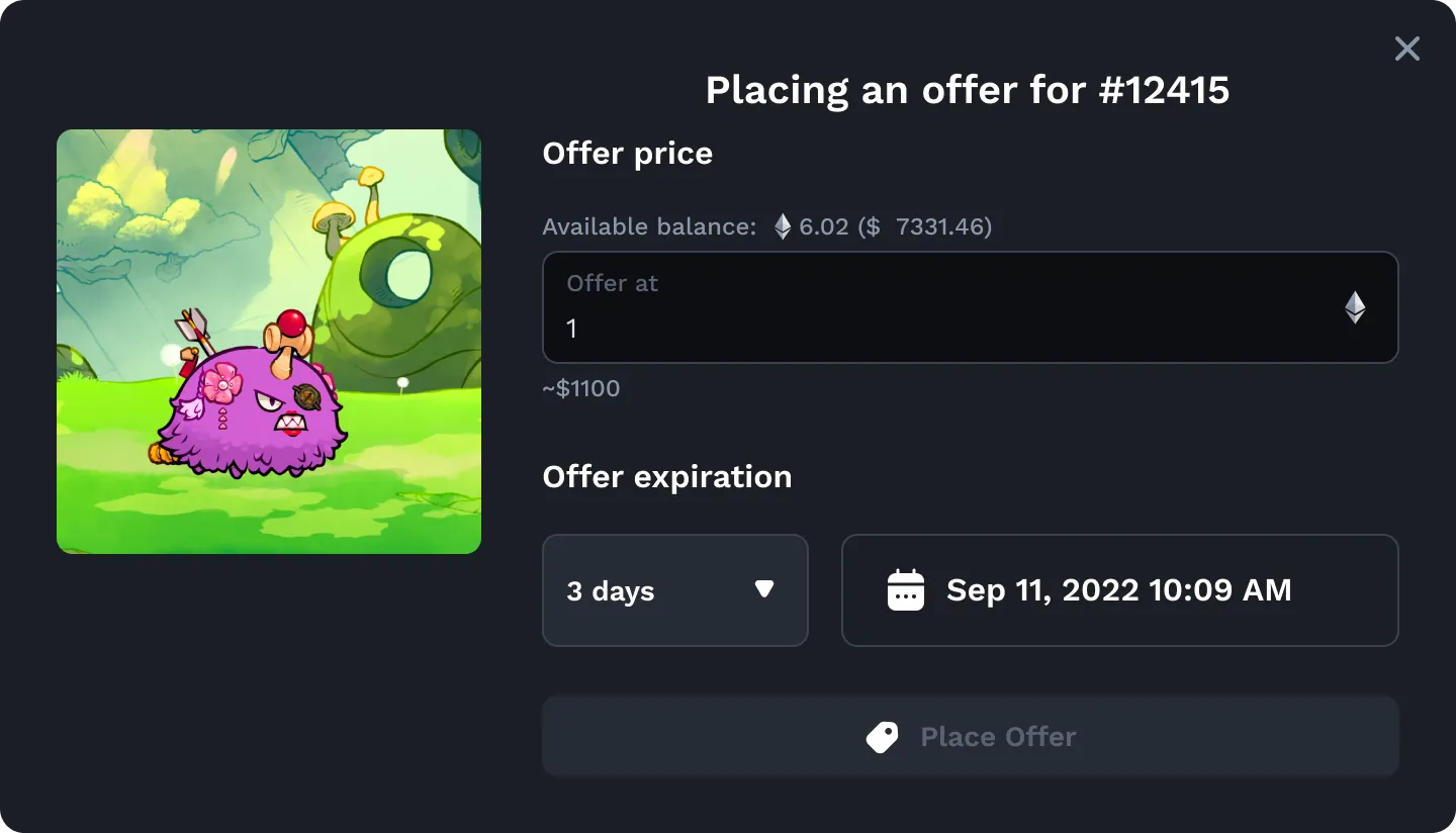 Placing an offer in the new offer feature of app.axie