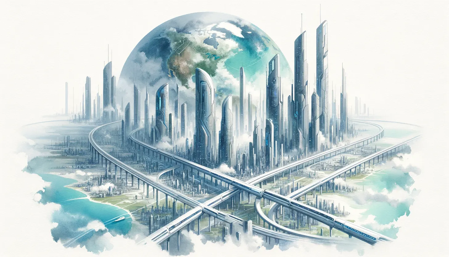 A minimalist watercolor banner image depicting Earth after an AI singularity, showcasing futuristic megastructures spanning across continents. Skyscrapers tower over pristine landscapes, interconnected by sleek transit systems. The color palette is subdued, with soft washes of blues and greens suggesting a harmonious blend of technology and nature. The structures exhibit an advanced, yet understated design, indicative of a society that has reached new heights of technological advancement. The overall aesthetic is clean, with plenty of white space to convey a sense of simplicity and clarity. A minimalist watercolor banner image depicting Earth after an AI singularity, showcasing futuristic megastructures spanning across continents. Skyscrapers tower over pristine landscapes, interconnected by sleek transit systems. The color palette is subdued, with soft washes of blues and greens suggesting a harmonious blend of technology and nature. The structures exhibit an advanced, yet understated design, indicative of a society that has reached new heights of technological advancement. The overall aesthetic is clean, with plenty of white space to convey a sense of simplicity and clarity.