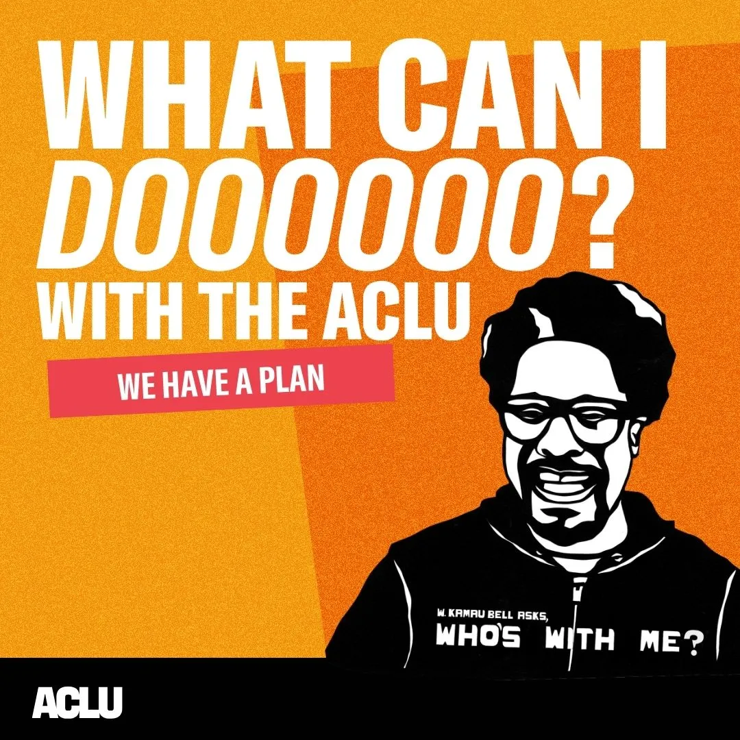 Podcast cover cart titled "What can I Doooooooo? With the ACLU”, featuring a cartoon of comedian W. Kamau Bell
