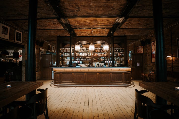 Interior of a pub, without any tables or people