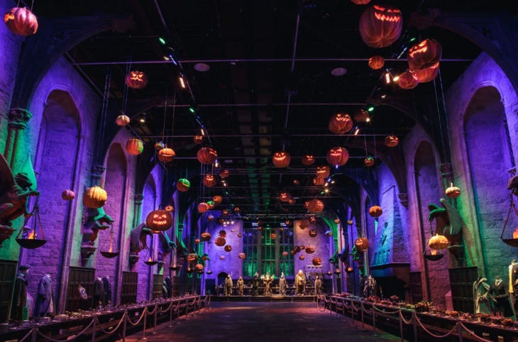 The Hogwarts Hall filled with jack o lanterns