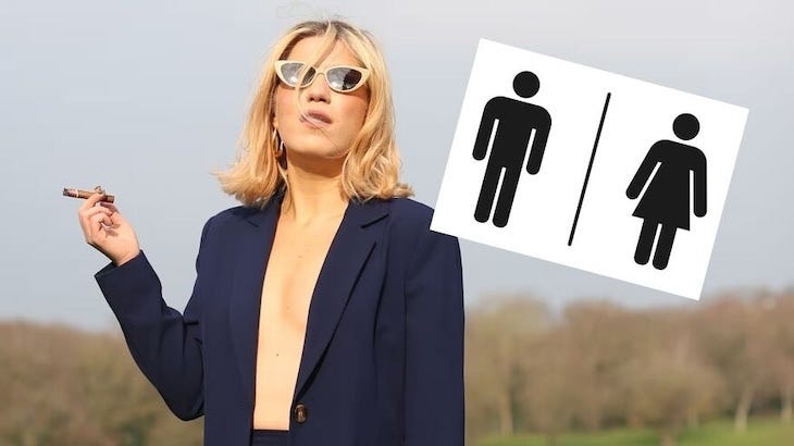 Olga Koch, smokes a cigar. Images of male and female toilet symbols are pasted into foreground