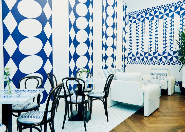 A colourfully blue and white patterned cafe