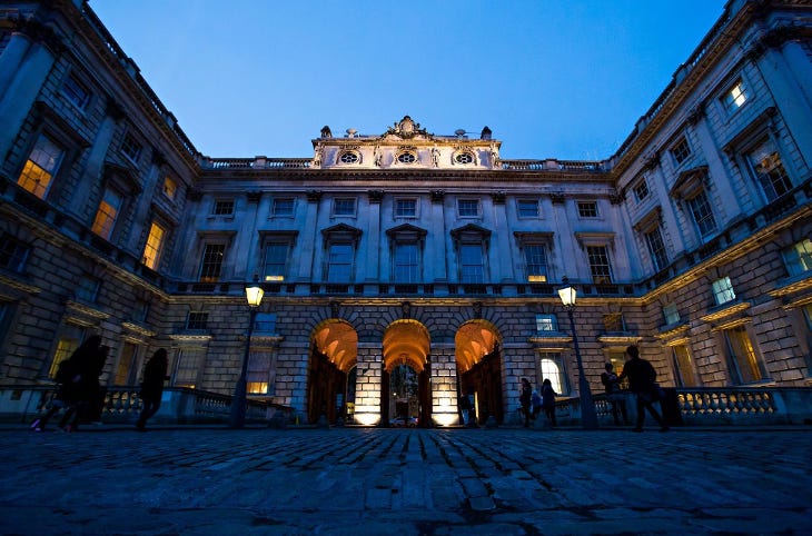 The exterior of the Courtauld Gallery at dusk