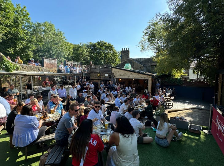 People sitting at tables in a rather full beer garden