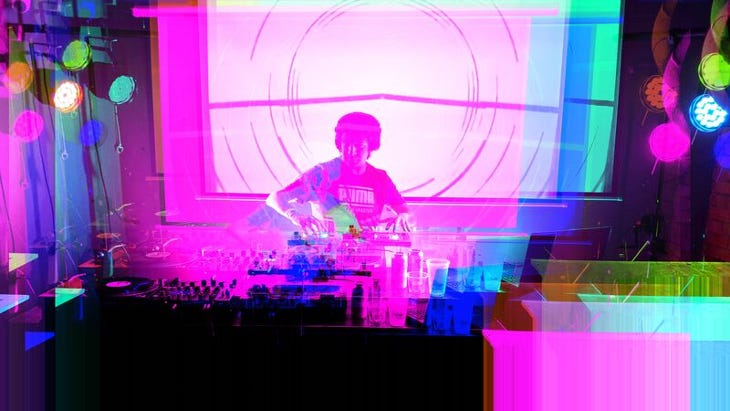 A psychedelic style photo of a DJ at DJ decks