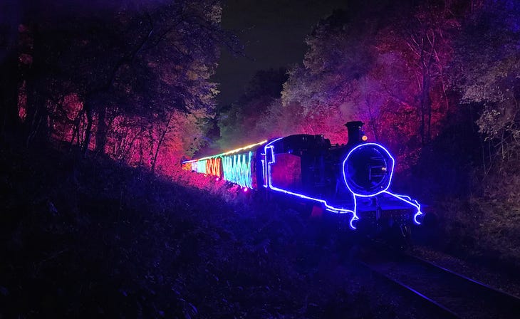 A train lit by fairy lights through a dark woodland