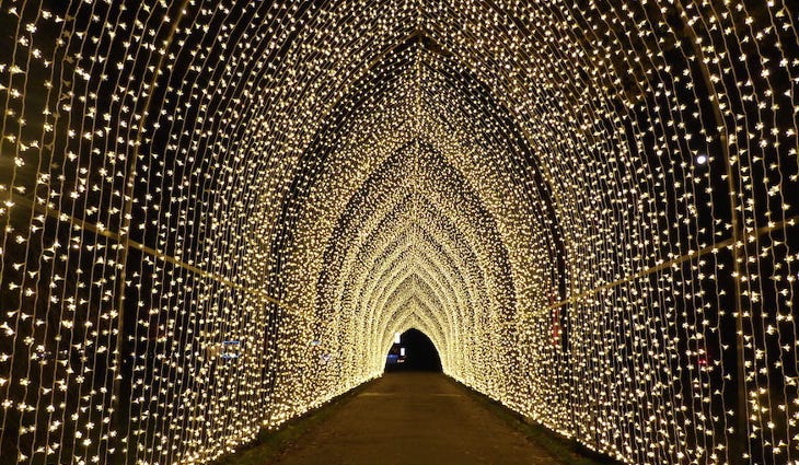 A walk-through tunnel of golden yellow lights