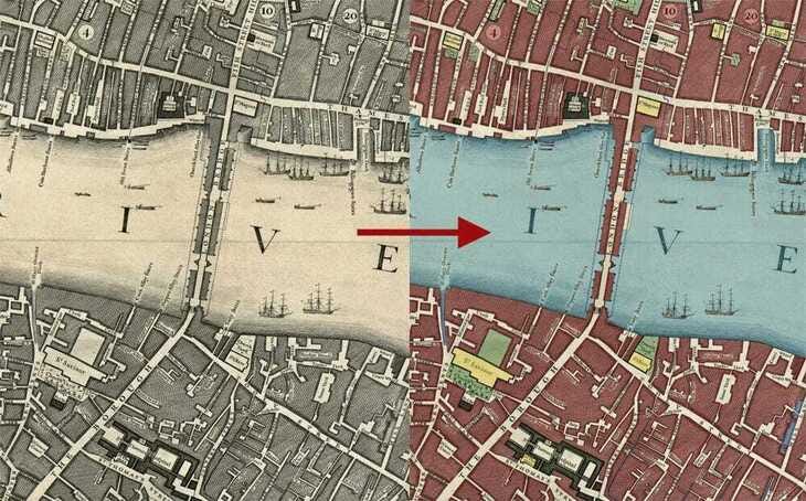 An old, colourised map of London