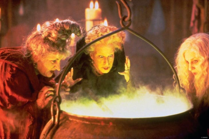 The three Hocus Pocus witches around a cauldron