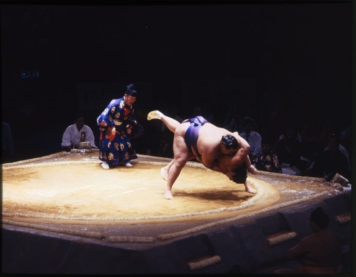 Sumo wrestlers fighting