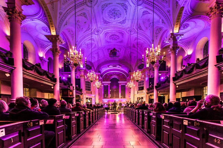 Interior of St Martin-in-the-Fields, illuminated in purple lighting