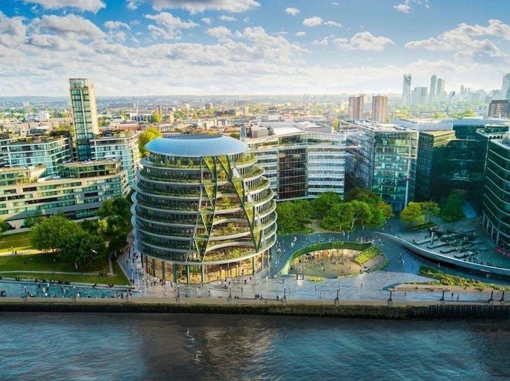 The old city hall on the thames, reimagined with green balconies