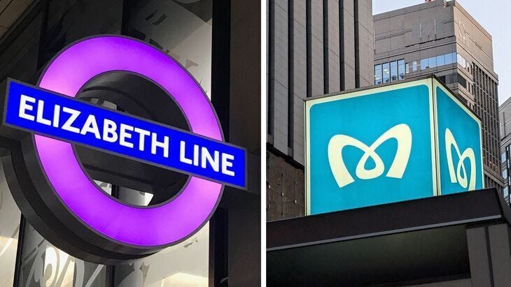 An Elizabeth line and Tokyo Metro sign