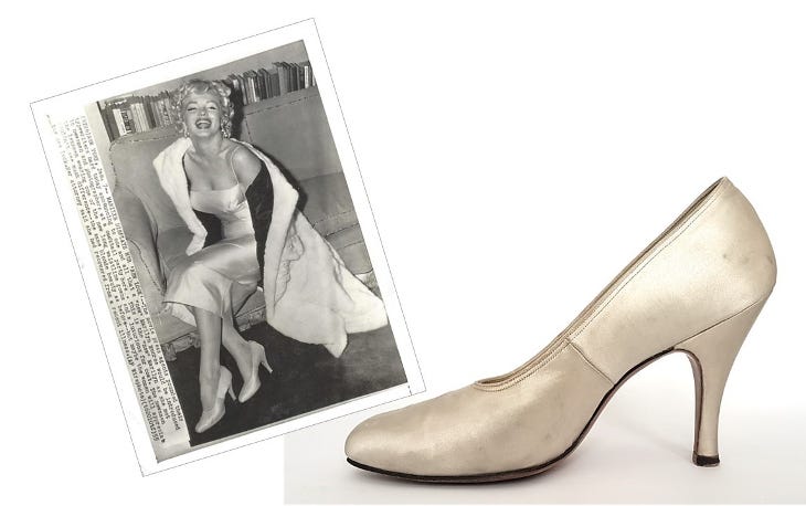 A photograph of Marilyn Monroe, alongside one of the cream satin court shoes she's wearing in the photo