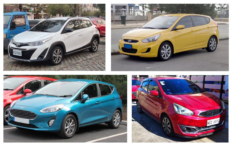 Toyota Yaris, Hyundai Accent, Mitsubishi Mirage, Ford Fiesta