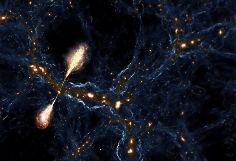 Image of a faint web of lighter material against a dark background. The web is punctuated by bright objects, representing galaxies. One of those galaxies has shot jets of material outside the web itself.