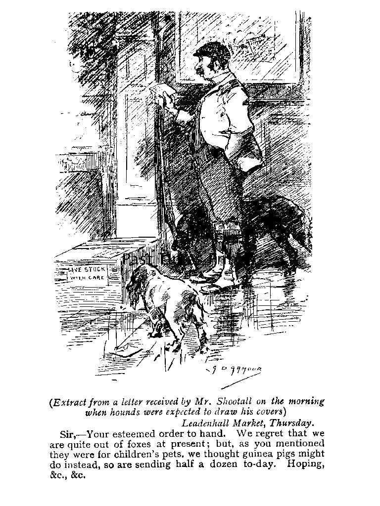 Illustration from Punch magazine showing a huntsman receiving a live fox from Leadenhall Market.