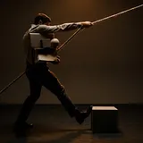 A person in a white shirt leans back at full body tension, straining to hold a long rope or pole that extends…