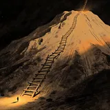 A lone figure stands tiny at the foot of an immense dark mountain. An old, irregular ladder climbs out of the mountain…