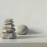 On a white surface, a small stack of smooth grey stones balanced into a cairn, beside a single smooth pale egg.