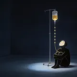 A dark room. A small figure sits on the floor with knees drawn up, lit from above, smiling faintly upward. Beside them…