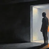A figure stands in dark near-silhouette at the threshold of a doorway, facing a warm sunset over water in an otherwise…