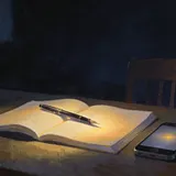 A writing desk at night. A fountain pen rests on a softly glowing open page beside a phone. An empty chair. Dark navy…