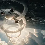 A white airliner climbs nose up through an upside-down world, a spiral vapour trail coiling behind it back toward…