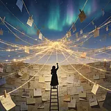 Insanecyclopedia cover. A small silhouette of a woman in a long robe stands on a ladder under a night sky filled with…