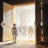 A painting in warm oils. A small pale humanoid robot stands alone at an open double doorway, seen from behind, looking…