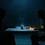 Two figures seated across a bare table in a dark blue void, a single glowing cup of coffee between them; one wears a…