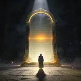 A robed figure seen from behind stands before a tall, glowing gold-framed mirror in a dark temple. Instead of a…
