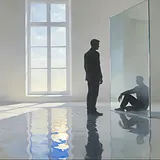 A dark silhouette of a man stands upright in a shaft of pale morning light, facing a tall glass pane. In the pane his…