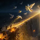 A colossal wall strung on a diagonal through open sky, fading upward with no top. Tiny builders cling to its near edge…