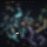 A dark, night-sky view of hundreds of small dots scattered and clustered into colored groups, with text labels naming…
